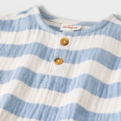 Baby Boys' Striped Henley Gauze Shorts Set - Cat & Jack™ Blue 2 Baby Boys' Striped Henley Gauze Shorts Set - Cat & Jack™ Blue - Image 2