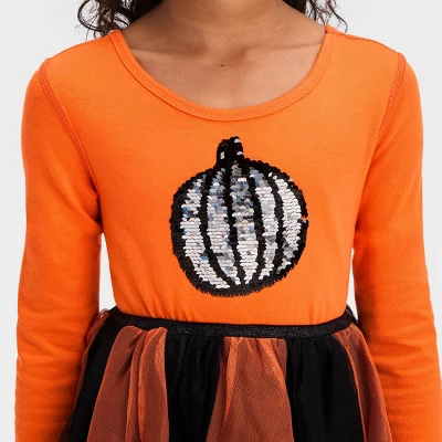 Girls' Adaptive Long Sleeve Sequin Halloween Tulle Dress - Cat & Jack™ Orange 2 Girls' Adaptive Long Sleeve Sequin Halloween Tulle Dress - Cat & Jack™ Orange - Image 2
