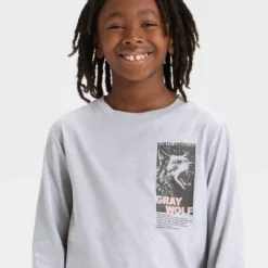 Boys' Long Sleeve 'Gray Wolf' Graphic T-Shirt - Cat & Jack™ Light Gray
