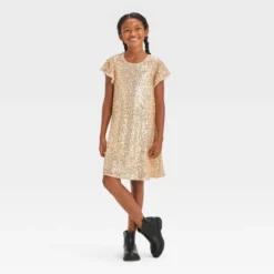 Girls' Short Sleeve Sequin A-Line Dress - Cat & Jack™ Gold -CAT & JACK Shop GUEST 1fbb675e 4171 4e4b ad6b 002d83d75e7e