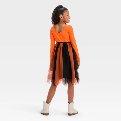 Girls' Adaptive Long Sleeve Sequin Halloween Tulle Dress - Cat & Jack™ Orange 3 Girls' Adaptive Long Sleeve Sequin Halloween Tulle Dress - Cat & Jack™ Orange - Image 3