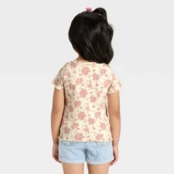 Toddler Girls' Short Sleeve Floral Ribbed T-Shirt - Cat & Jack™ Beige 12M