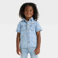 Toddler Boys' Short Sleeve Embroidered Denim Button-Up Shirt - Cat & Jack™ Medium Wash -CAT & JACK Shop GUEST 2890a4fe c639 4d41 bbcf 517d8194a28b