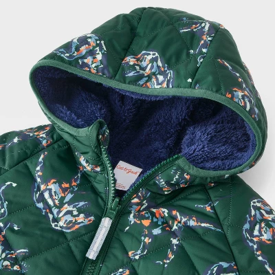 Toddler Boys' Dino Printed Quilted Reversible Puffer Jacket - Cat & Jack™ Dark Green 2 Toddler Boys' Dino Printed Quilted Reversible Puffer Jacket - Cat & Jack™ Dark Green - Image 2
