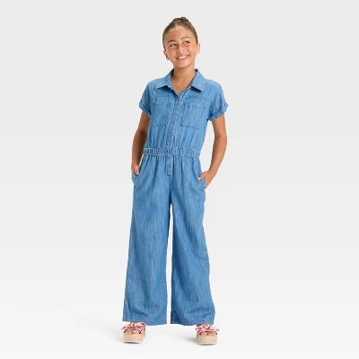 Girls' Short Sleeve Jumpsuit - Cat & Jack™ Blue Denim 3 Girls' Short Sleeve Jumpsuit - Cat & Jack™ Blue Denim - Image 3