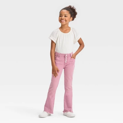 Girls' Button Fly Flare Jeans - Cat & Jack™ Pink 2 Girls' Button Fly Flare Jeans - Cat & Jack™ Pink - Image 2