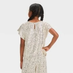 Girls' Short Sleeve Sequin Woven Shirt - Cat & Jack™ Silver