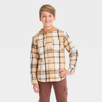 Boys' Long Sleeve Plaid Hoodie Shacket - Cat & Jack™ Beige 3 Boys' Long Sleeve Plaid Hoodie Shacket - Cat & Jack™ Beige - Image 3