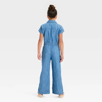 Girls' Short Sleeve Jumpsuit - Cat & Jack™ Blue Denim 1 Girls' Short Sleeve Jumpsuit - Cat & Jack™ Blue Denim