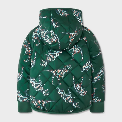 Toddler Boys' Dino Printed Quilted Reversible Puffer Jacket - Cat & Jack™ Dark Green 1 Toddler Boys' Dino Printed Quilted Reversible Puffer Jacket - Cat & Jack™ Dark Green