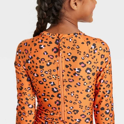 Girls' Spots Of Fun Long Sleeve One Piece Rash Guard Swimsuit - Cat & Jack™️ Orange 1 Girls' Spots Of Fun Long Sleeve One Piece Rash Guard Swimsuit - Cat & Jack™️ Orange
