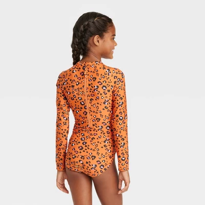 Girls' Spots Of Fun Long Sleeve One Piece Rash Guard Swimsuit - Cat & Jack™️ Orange 2 Girls' Spots Of Fun Long Sleeve One Piece Rash Guard Swimsuit - Cat & Jack™️ Orange - Image 2
