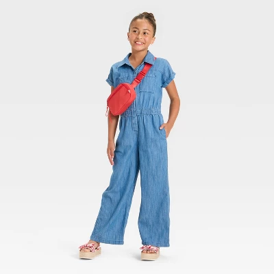 Girls' Short Sleeve Jumpsuit - Cat & Jack™ Blue Denim 2 Girls' Short Sleeve Jumpsuit - Cat & Jack™ Blue Denim - Image 2
