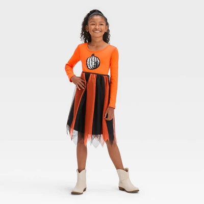 Girls' Adaptive Long Sleeve Sequin Halloween Tulle Dress - Cat & Jack™ Orange 4 Girls' Adaptive Long Sleeve Sequin Halloween Tulle Dress - Cat & Jack™ Orange - Image 4