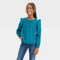 Girls' Long Sleeve Woven Ruffle Shirt - Cat & Jack™ Teal Blue -CAT & JACK Shop GUEST 592e6104 bfc5 4b6b ae09 941d46c41136