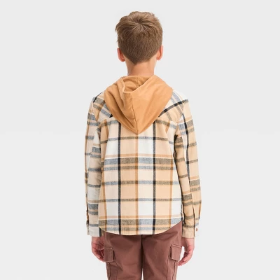 Boys' Long Sleeve Plaid Hoodie Shacket - Cat & Jack™ Beige 1 Boys' Long Sleeve Plaid Hoodie Shacket - Cat & Jack™ Beige