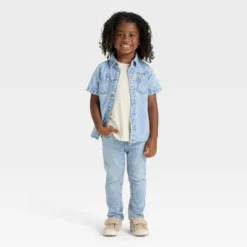 Toddler Boys' Short Sleeve Embroidered Denim Button-Up Shirt - Cat & Jack™ Medium Wash -CAT & JACK Shop GUEST 63814243 cfec 4a6e 8397 6df73bf3f9f7