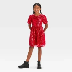 Girls' Short Puff Sleeve Sequin Dress - Cat & Jack™ Red -CAT & JACK Shop GUEST 6f9fefde 0481 451f b3a9 d470666e4a98