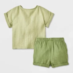 Baby Boys' 2pc Smiley Embroidered Pocket Gauze Shorts Set - Cat & Jack™ Green