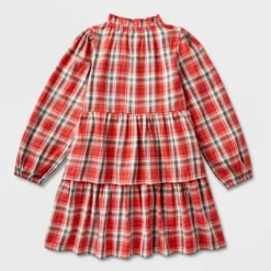 Girls' Adaptive Abdominal Access Long Sleeve Plaid Tiered Woven Dress - Cat & Jack™ Red