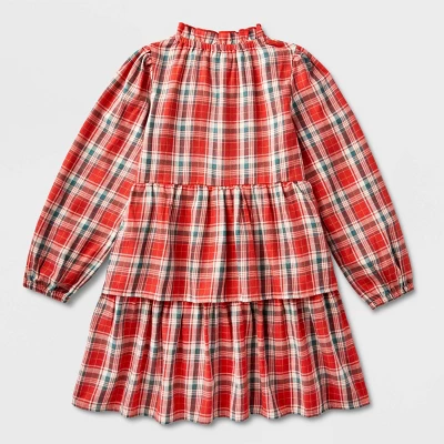 Girls' Adaptive Abdominal Access Long Sleeve Plaid Tiered Woven Dress - Cat & Jack™ Red 1 Girls' Adaptive Abdominal Access Long Sleeve Plaid Tiered Woven Dress - Cat & Jack™ Red