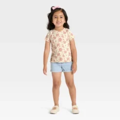 Toddler Girls' Short Sleeve Floral Ribbed T-Shirt - Cat & Jack™ Beige 3T -CAT & JACK Shop GUEST 84c5876c 09b9 4387 8984 f84c0a7f7ba6