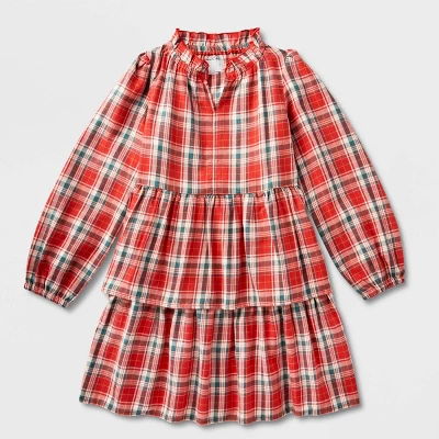Girls' Adaptive Abdominal Access Long Sleeve Plaid Tiered Woven Dress - Cat & Jack™ Red 4 Girls' Adaptive Abdominal Access Long Sleeve Plaid Tiered Woven Dress - Cat & Jack™ Red - Image 4
