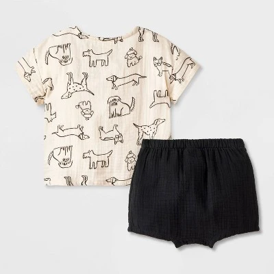 Baby Boys' Dog Printed Henley Gauze Shorts Set - Cat & Jack™ Black 1 Baby Boys' Dog Printed Henley Gauze Shorts Set - Cat & Jack™ Black