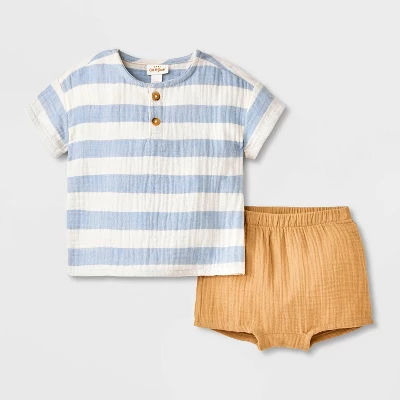 Baby Boys' Striped Henley Gauze Shorts Set - Cat & Jack™ Blue 4 Baby Boys' Striped Henley Gauze Shorts Set - Cat & Jack™ Blue - Image 4