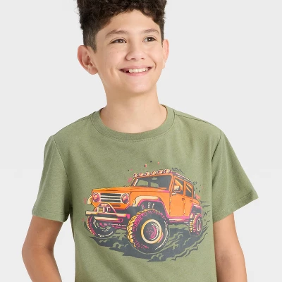 Boys' Short Sleeve Off Road Truck Graphic T-Shirt - Cat & Jack™ Olive Green/Orange 1 Boys' Short Sleeve Off Road Truck Graphic T-Shirt - Cat & Jack™ Olive Green/Orange