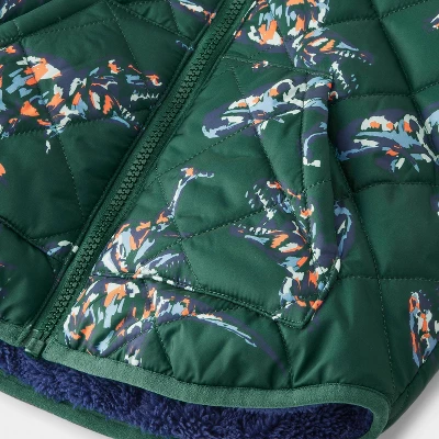 Toddler Boys' Dino Printed Quilted Reversible Puffer Jacket - Cat & Jack™ Dark Green 3 Toddler Boys' Dino Printed Quilted Reversible Puffer Jacket - Cat & Jack™ Dark Green - Image 3