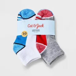 Boys' 10pk Striped Lightweight Ankle Socks - Cat & Jack™ Gray/White