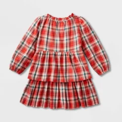 Toddler Girls' Adaptive Abdominal Access Long Sleeve Plaid Tiered Woven Dress - Cat & Jack™ Red