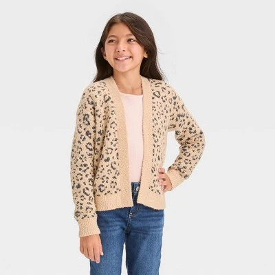 Girls' Leopard Print Short Open Layering Cardigan - Cat & Jack™ Beige 3 Girls' Leopard Print Short Open Layering Cardigan - Cat & Jack™ Beige - Image 3