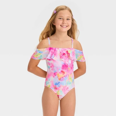 Girls' 'Flower Daydream' Floral Printed One Piece Swimsuit - Cat & Jack™ White/Pink 3 Girls' 'Flower Daydream' Floral Printed One Piece Swimsuit - Cat & Jack™ White/Pink - Image 3