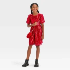 Girls' Short Puff Sleeve Sequin Dress - Cat & Jack™ Red -CAT & JACK Shop GUEST d30bf65c d8a8 4b5a acd2 c34d32176efc