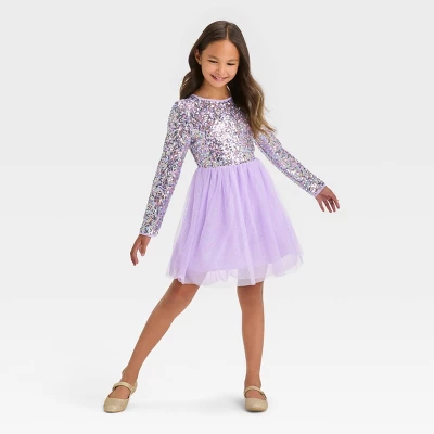 Girls' Long Sleeve Sequin Tulle Dress - Cat & Jack™ Lavender 2 Girls' Long Sleeve Sequin Tulle Dress - Cat & Jack™ Lavender - Image 2