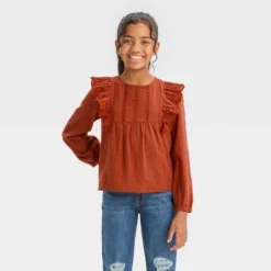 Girls' Long Sleeve Woven Ruffle Shirt - Cat & Jack™ Chestnut Orange -CAT & JACK Shop GUEST db707300 f1d3 4eaa 8365 b655c2fac748