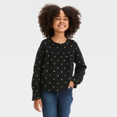 Girls' Long Sleeve Gold Foil Bow Woven Shirt - Cat & Jack™ Black 3 Girls' Long Sleeve Gold Foil Bow Woven Shirt - Cat & Jack™ Black - Image 3