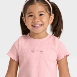 Toddler Girls' Short Sleeve Flower Ribbed T-Shirt - Cat & Jack™ Light Mauve 5T