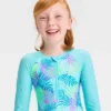 Girls' 'Beachy Palms' Leaf Printed One Piece Rash Guard Swimsuit - Cat & Jack™ Light Blue