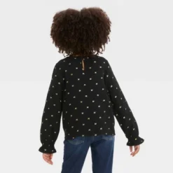 Girls' Long Sleeve Gold Foil Bow Woven Shirt - Cat & Jack™ Black