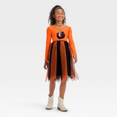 Girls' Adaptive Long Sleeve Sequin Halloween Tulle Dress - Cat & Jack™ Orange 1 Girls' Adaptive Long Sleeve Sequin Halloween Tulle Dress - Cat & Jack™ Orange