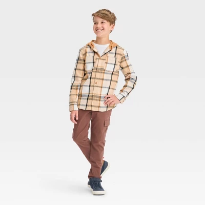 Boys' Long Sleeve Plaid Hoodie Shacket - Cat & Jack™ Beige 2 Boys' Long Sleeve Plaid Hoodie Shacket - Cat & Jack™ Beige - Image 2